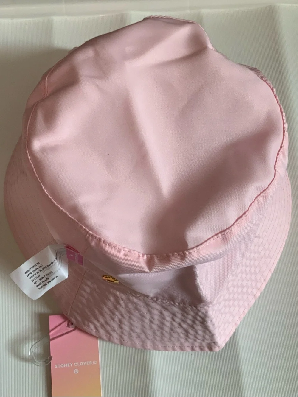Stoney Clover Lane White/Pink Bucket Reversible Hat with Subtle Logo Tag
